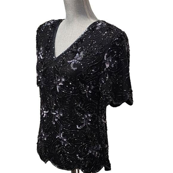 Vintage 80s Short-Sleeve Black Beaded Silk Top Sequin Blouse M - Picture 4 of 7